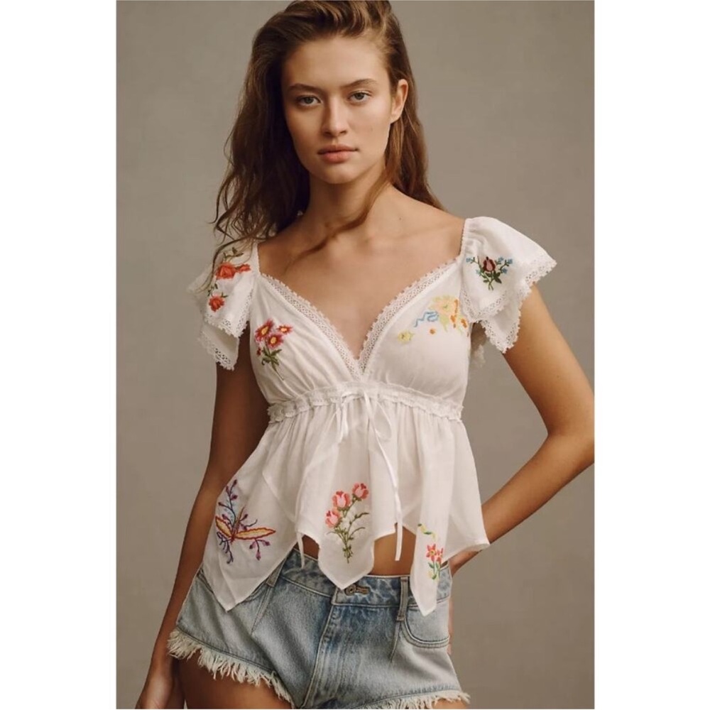 By Anthropologie  Patched Hanky Babydoll Floral Embroidered Lace Festival Top